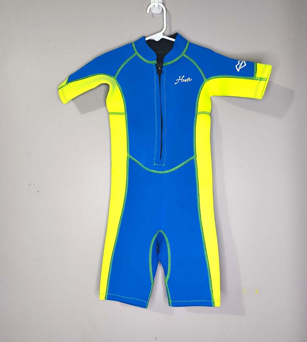 Herto Youth Wetsuit Shorty Blue/Neon Yellow Front Zip Size 8 Slim